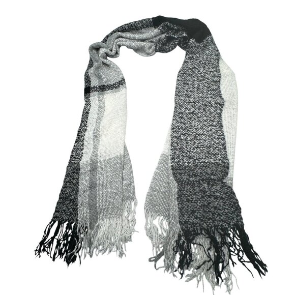 Womens Charlie Acrylic Knit Black White Textured Scarf Fringed Ends 76x20" READ - Picture 1 of 5